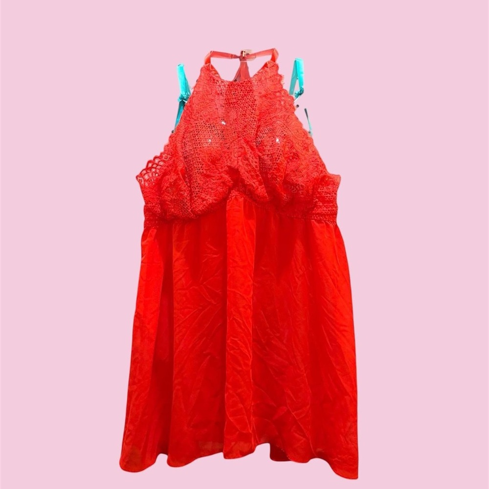 Red halter lingerie slip nighty. 
lace detailing with blue bows.
Lane Bryant